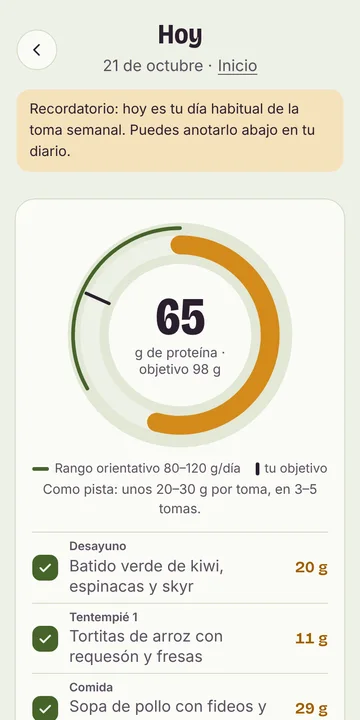 Pantalla «Hoy» de la app con la proteína del día y el menú