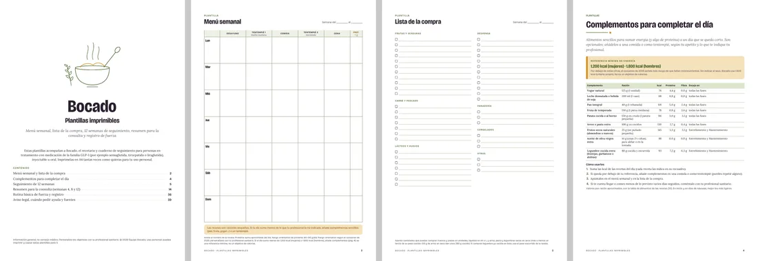 Plantillas de menú semanal, lista de la compra y complementos